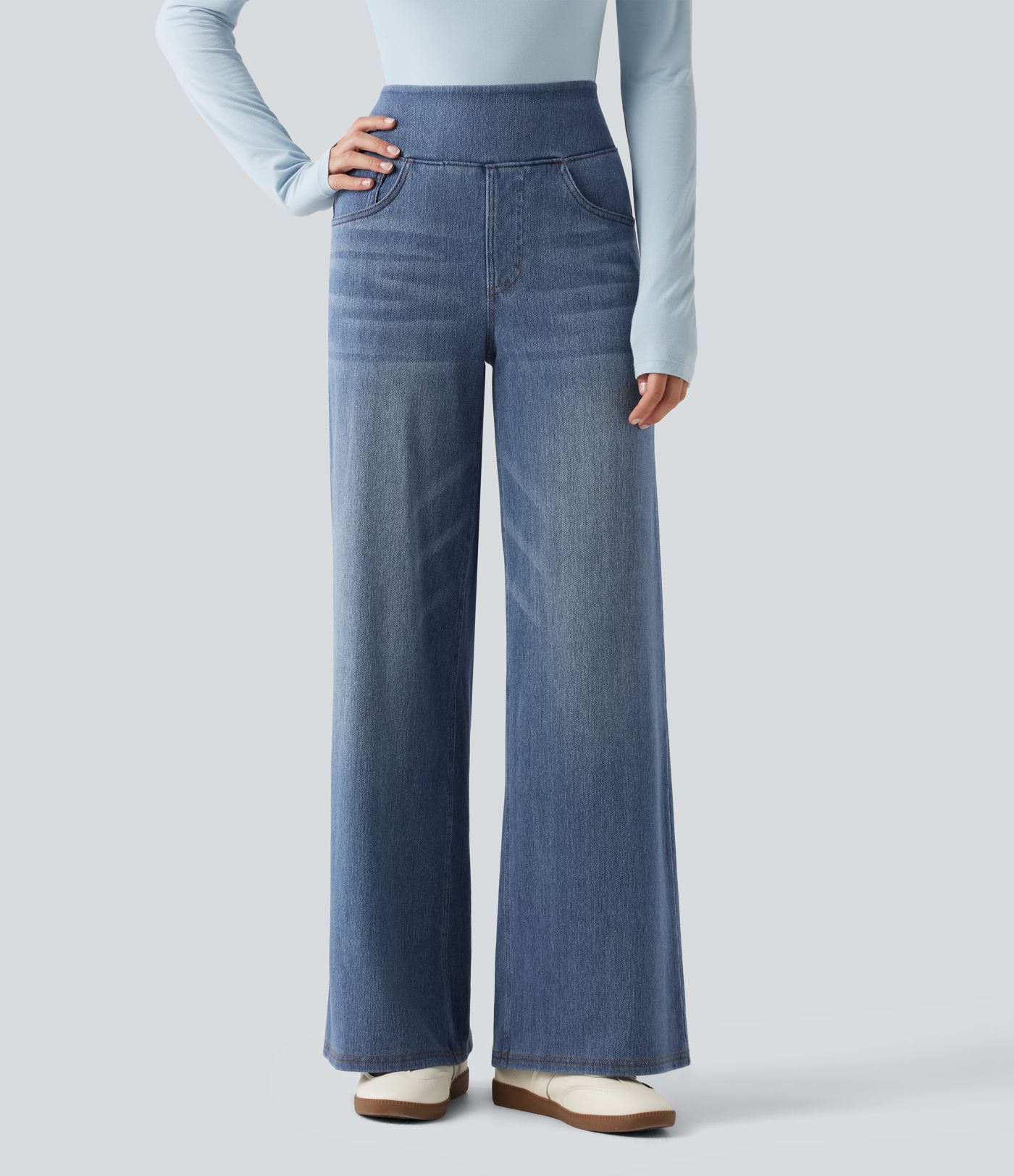 Halara Flex™ Denim Heat hétköznapi, magas derekú, széles szárú, zsebes farmernadrág