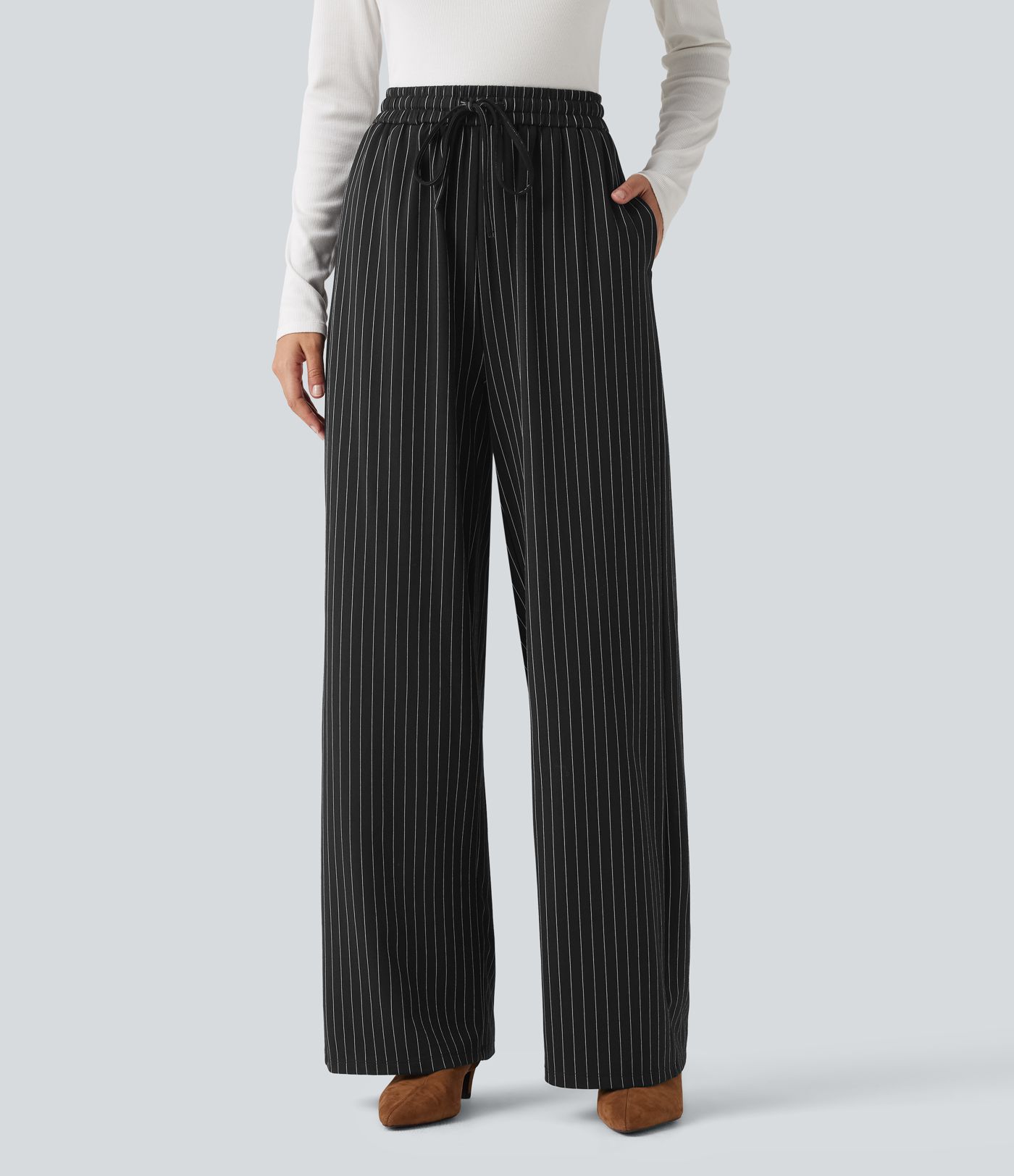 High Waisted Drawstring Stripe Baggy Casual Pants with Pockets