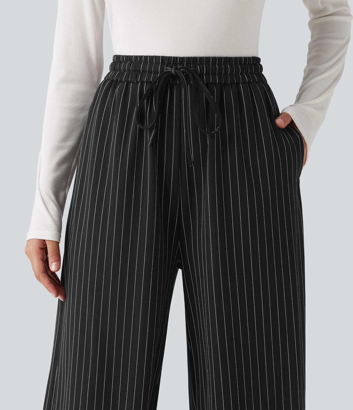 High Waisted Drawstring Stripe Baggy Casual Pants with Pockets