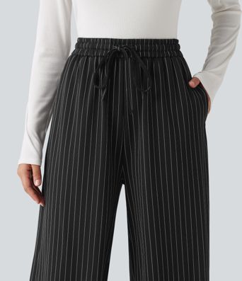 High Waisted Drawstring Stripe Baggy Casual Pants with Pockets