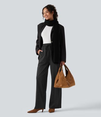 High Waisted Drawstring Stripe Baggy Casual Pants with Pockets