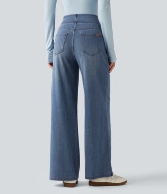 Halara Flex™ Denim Heat hétköznapi, magas derekú, széles szárú, zsebes farmernadrág