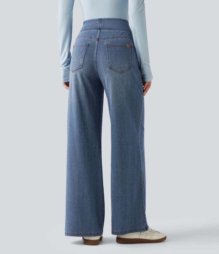 Halara Flex™ Denim Heat hétköznapi, magas derekú, széles szárú, zsebes farmernadrág