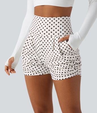 High Waisted Ruched Polka Dot Casual Shorts 3'' with Pockets High Waisted Ruched Polka Dot Casual Shorts 3'' with Pockets