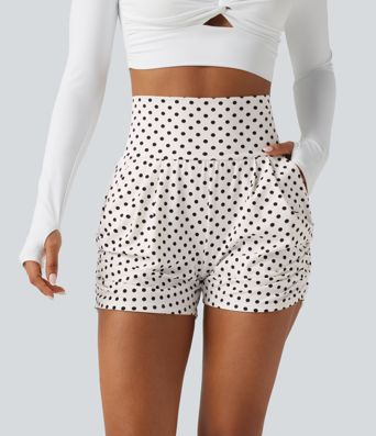 High Waisted Ruched Polka Dot Casual Shorts 3'' with Pockets High Waisted Ruched Polka Dot Casual Shorts 3'' with Pockets