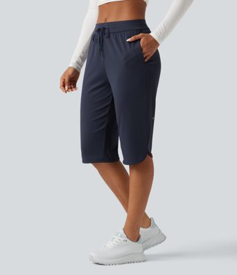 Mid Rise Drawstring Curved Hem Pedal Pusher Quick Dry Golf Pants with Pockets-UPF40+ Mid Rise Drawstring Curved Hem Pedal Pusher Quick Dry Golf Pants with Pockets-UPF40+