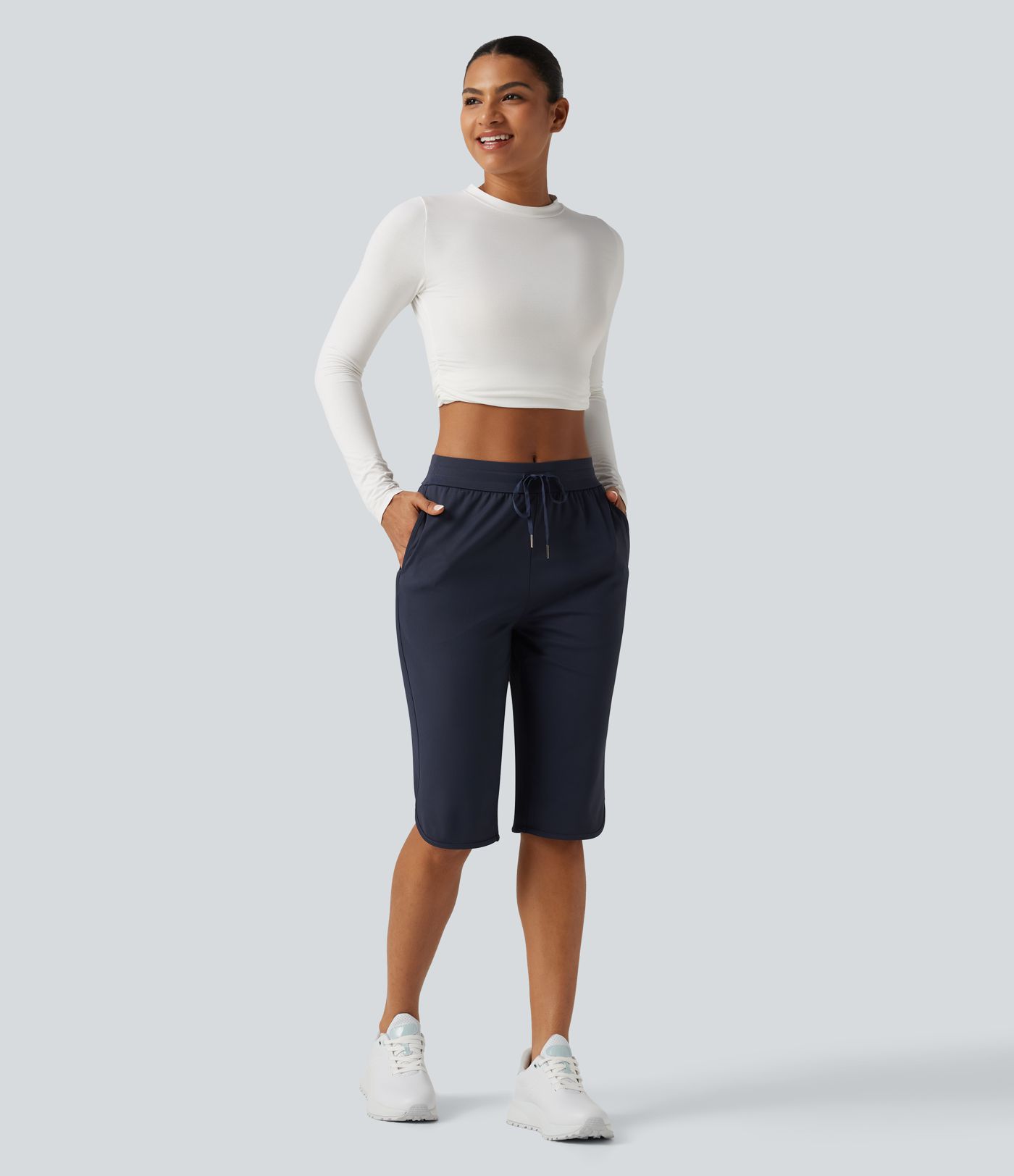 Mid Rise Drawstring Curved Hem Pedal Pusher Quick Dry Golf Pants with Pockets-UPF40+ Mid Rise Drawstring Curved Hem Pedal Pusher Quick Dry Golf Pants with Pockets-UPF40+