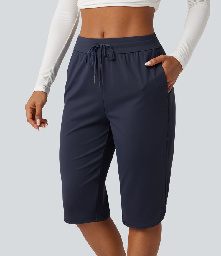 Mid Rise Drawstring Curved Hem Pedal Pusher Quick Dry Golf Pants with Pockets-UPF40+ Mid Rise Drawstring Curved Hem Pedal Pusher Quick Dry Golf Pants with Pockets-UPF40+