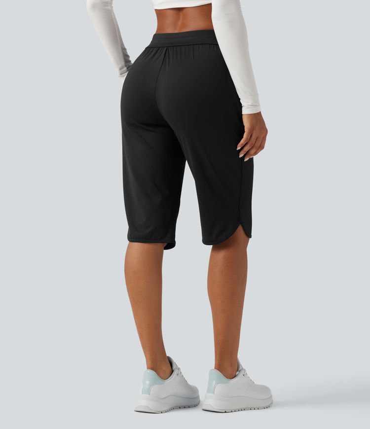 Mid Rise Drawstring Curved Hem Pedal Pusher Quick Dry Golf Trousers with Pockets-UPF40+