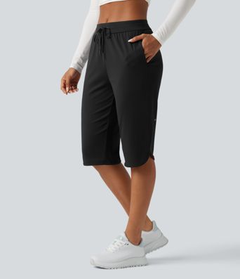Mid Rise Drawstring Curved Hem Pedal Pusher Quick Dry Golf Trousers with Pockets-UPF40+