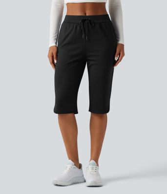 Mid Rise Drawstring Curved Hem Pedal Pusher Quick Dry Golf Trousers with Pockets-UPF40+