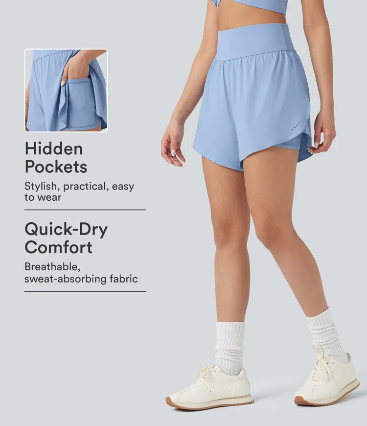 SoftlyZero™ QuickDry High Waisted Tummy Control Reflective Dots Crossover Hem 2-in-1 Running Shorts 5'' with Pockets