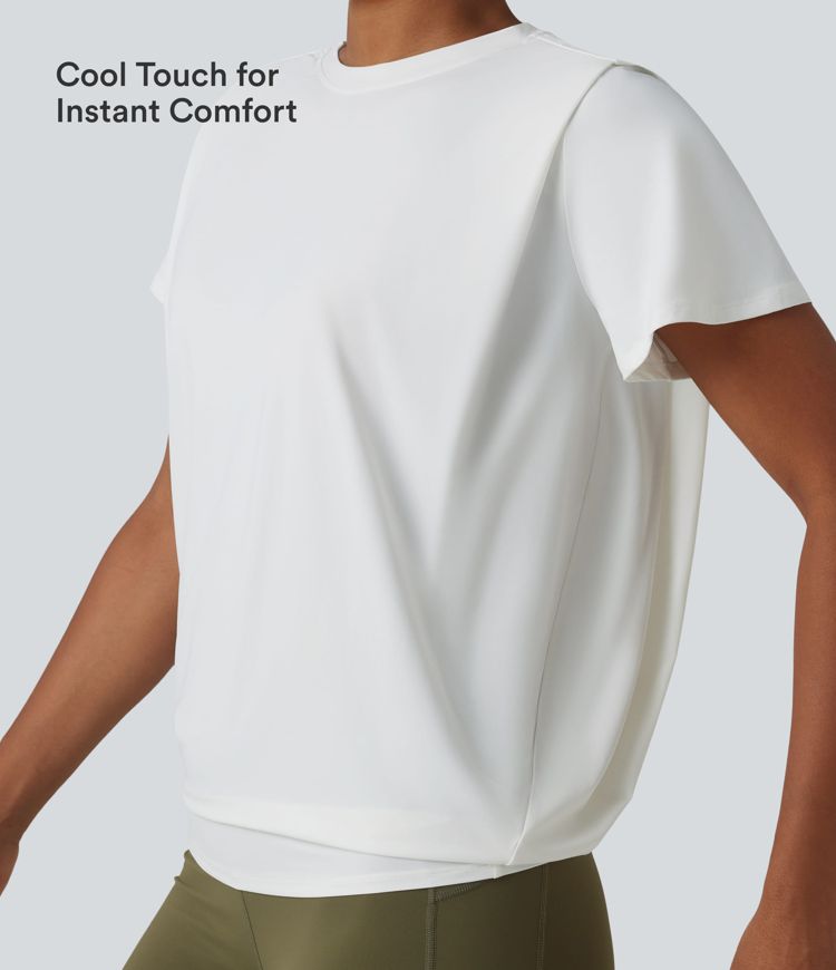 Round Neck Short Sleeve Ruched Cool Touch Yoga Sports Top-UPF50+