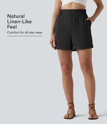 Shorts estilo resort de talle alto con dobladillo vuelto, efecto lino, 5'' con bolsillos