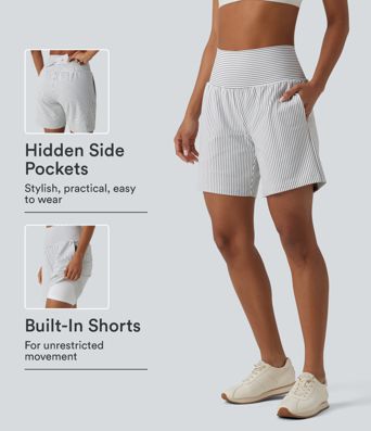 Super High Waisted 2-in-1 Stripe Yoga Shorts 7'' with Pockets Super High Waisted 2-in-1 Stripe Yoga Shorts 7'' with Pockets