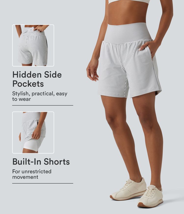 Super High Waisted 2-in-1 Stripe Yoga Shorts 7'' with Pockets Super High Waisted 2-in-1 Stripe Yoga Shorts 7'' with Pockets