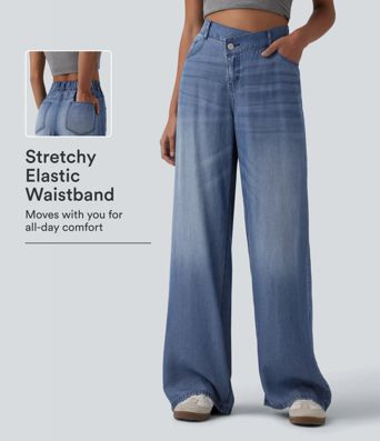 Halara Flex™ jean décontracté asymétrique taille mi‑haute à jambe large avec poches