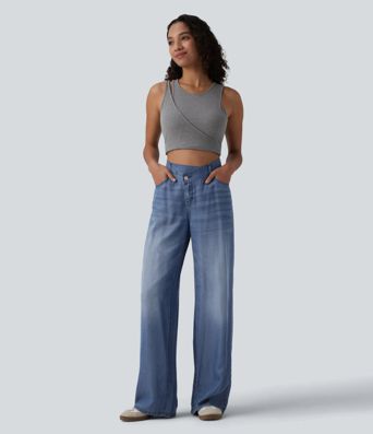 Halara Flex™ jeans casuales asimétricos de tiro medio y pierna ancha con bolsillos