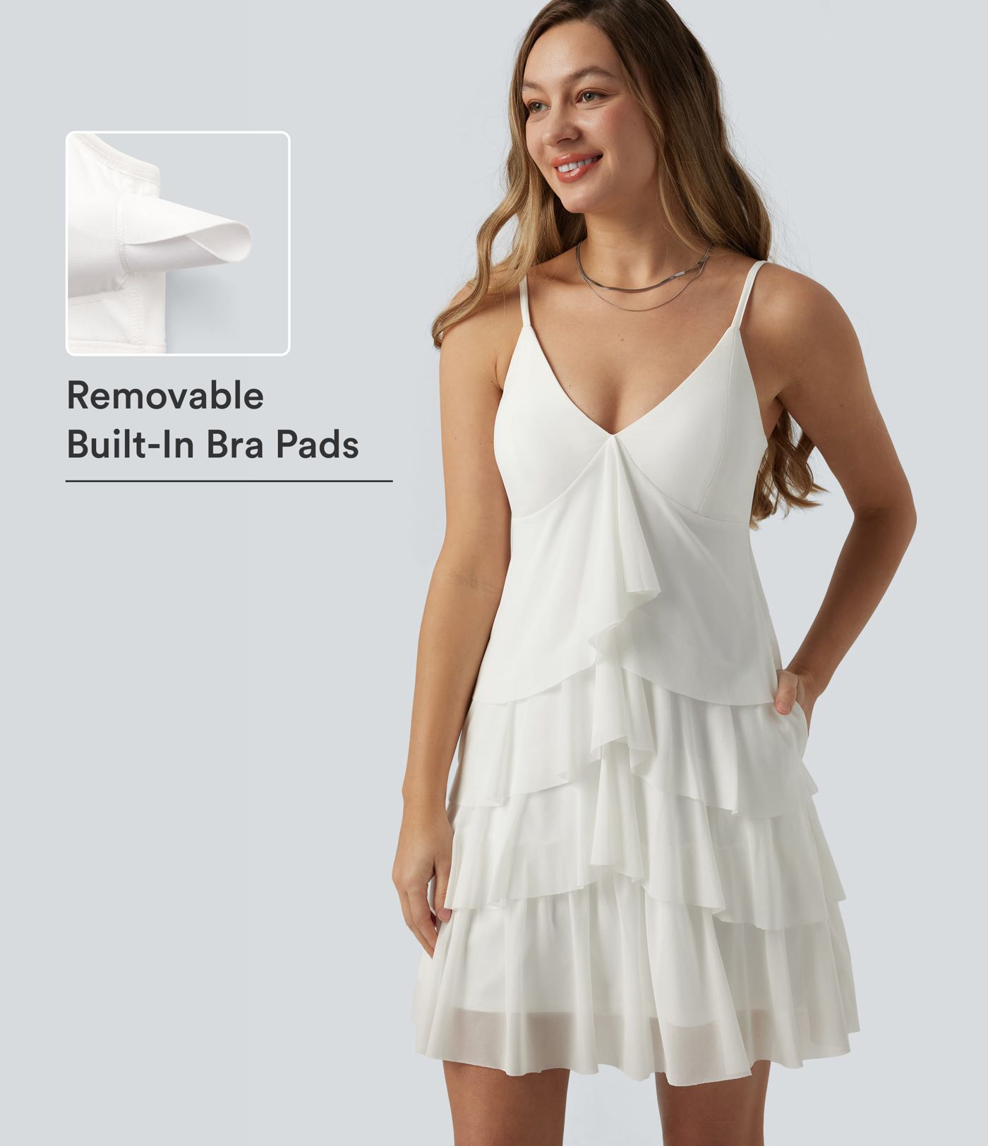 Crisscross Backless Mesh Overlay Built-in Bra Mini Casual Tiered Slip Dress with Pockets
