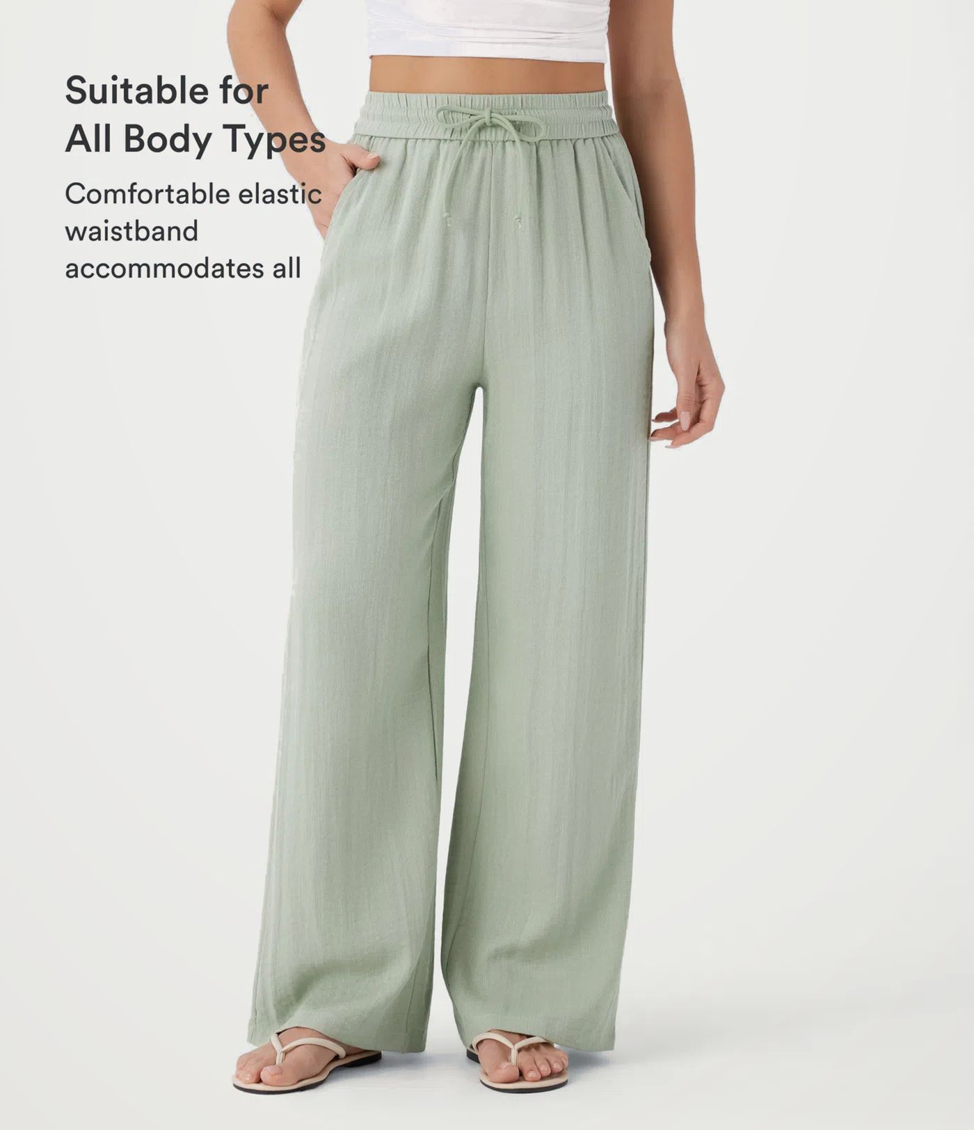 High Waisted Drawstring Pocket Wide Leg Baggy Casual Linen-Feel Pants High Waisted Drawstring Pocket Wide Leg Baggy Casual Linen-Feel Pants