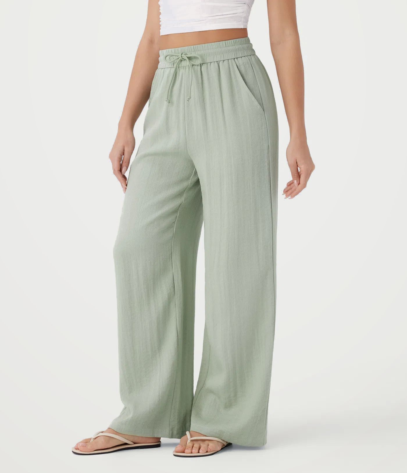 High Waisted Drawstring Pocket Wide Leg Baggy Casual Linen-Feel Pants High Waisted Drawstring Pocket Wide Leg Baggy Casual Linen-Feel Pants