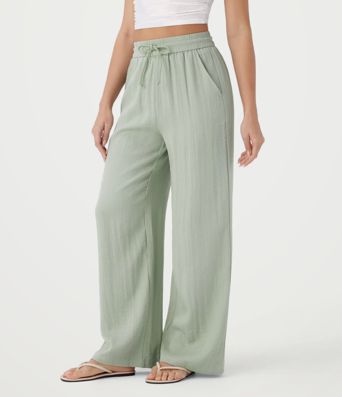 High Waisted Drawstring Pocket Wide Leg Baggy Casual Linen-Feel Pants High Waisted Drawstring Pocket Wide Leg Baggy Casual Linen-Feel Pants