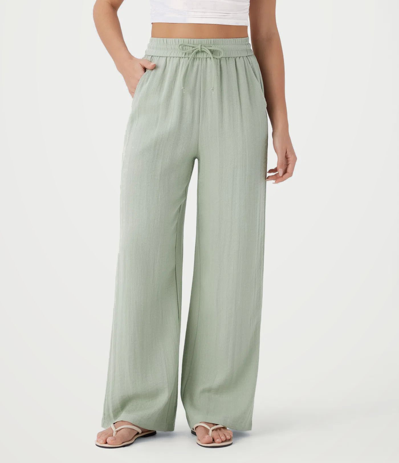 High Waisted Drawstring Pocket Wide Leg Baggy Casual Linen-Feel Pants High Waisted Drawstring Pocket Wide Leg Baggy Casual Linen-Feel Pants