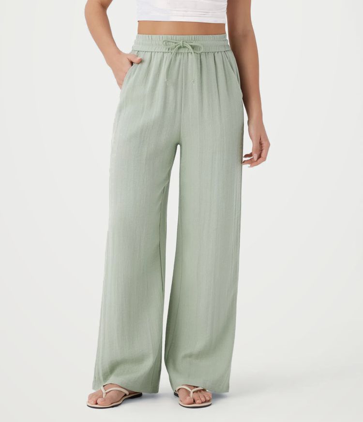 High Waisted Drawstring Pocket Wide Leg Baggy Casual Linen-Feel Pants High Waisted Drawstring Pocket Wide Leg Baggy Casual Linen-Feel Pants