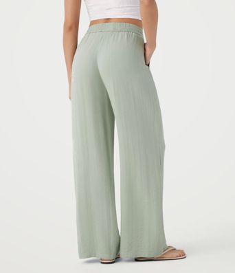 High Waisted Drawstring Pocket Wide Leg Baggy Casual Linen-Feel Pants High Waisted Drawstring Pocket Wide Leg Baggy Casual Linen-Feel Pants