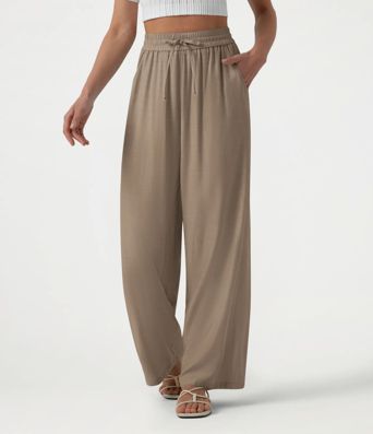 High Waisted Drawstring Wide Leg Casual Linen-Blend Pants with Pockets High Waisted Drawstring Wide Leg Casual Linen-Blend Pants with Pockets