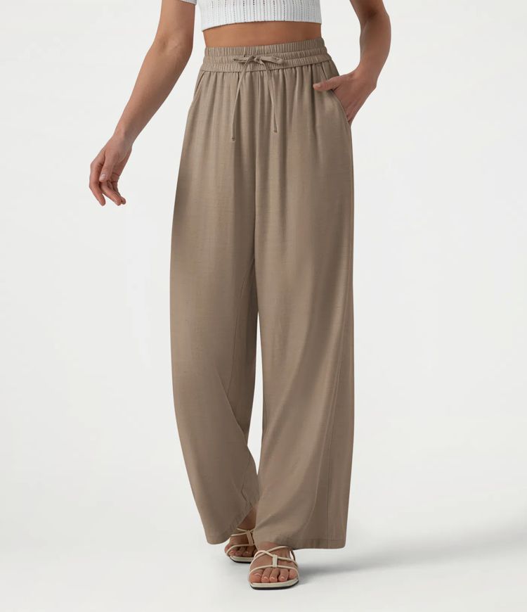 High Waisted Drawstring Wide Leg Casual Linen-Blend Pants with Pockets High Waisted Drawstring Wide Leg Casual Linen-Blend Pants with Pockets
