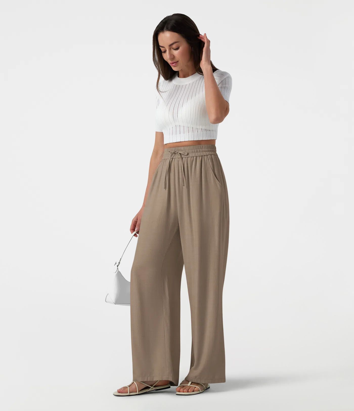 High Waisted Drawstring Wide Leg Casual Linen-Blend Pants with Pockets High Waisted Drawstring Wide Leg Casual Linen-Blend Pants with Pockets