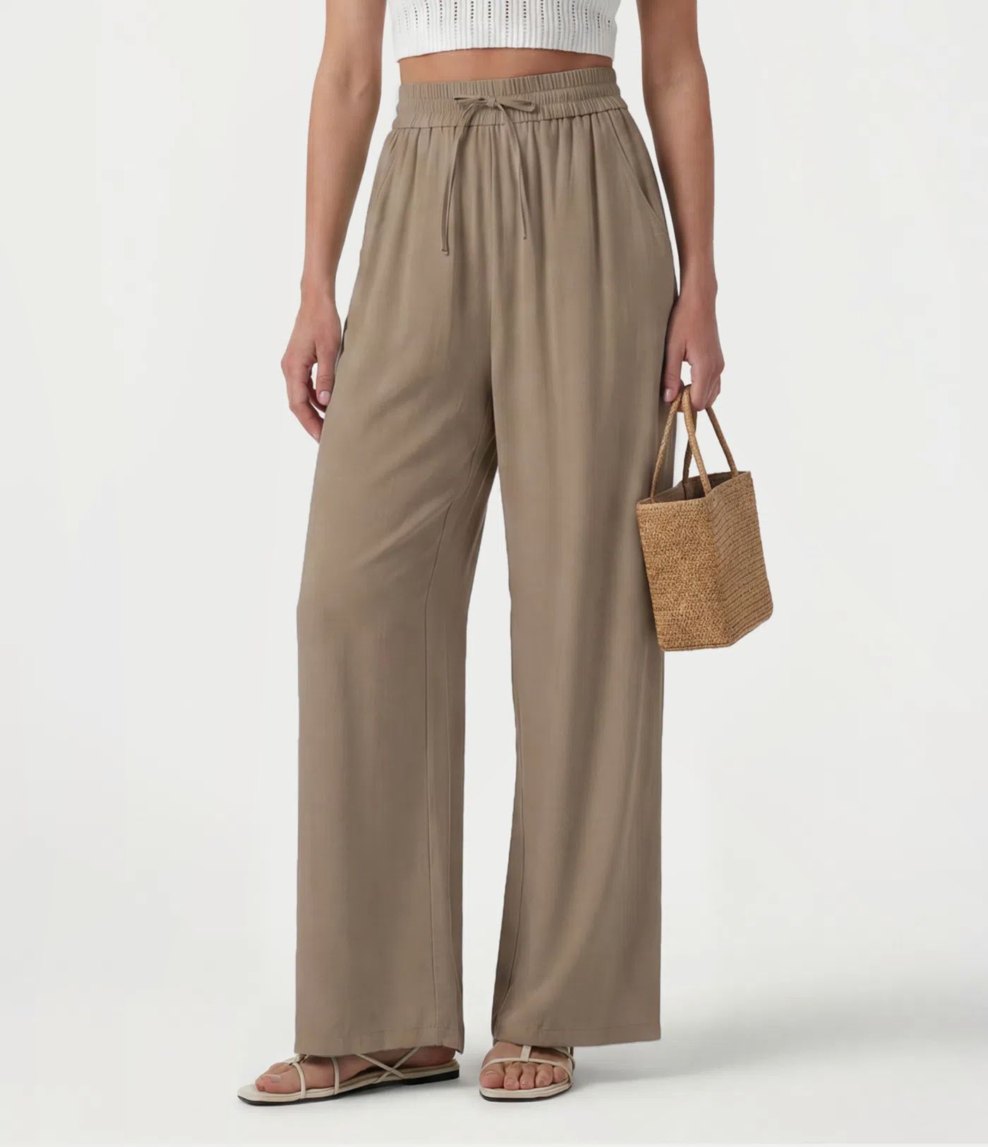 High Waisted Drawstring Wide Leg Casual Linen-Blend Pants with Pockets High Waisted Drawstring Wide Leg Casual Linen-Blend Pants with Pockets