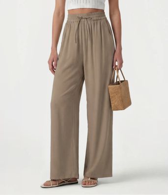 High Waisted Drawstring Wide Leg Casual Linen-Blend Pants with Pockets High Waisted Drawstring Wide Leg Casual Linen-Blend Pants with Pockets