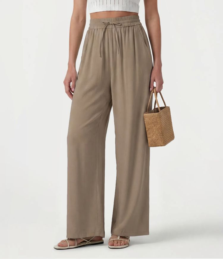 High Waisted Drawstring Wide Leg Casual Linen-Blend Pants with Pockets High Waisted Drawstring Wide Leg Casual Linen-Blend Pants with Pockets