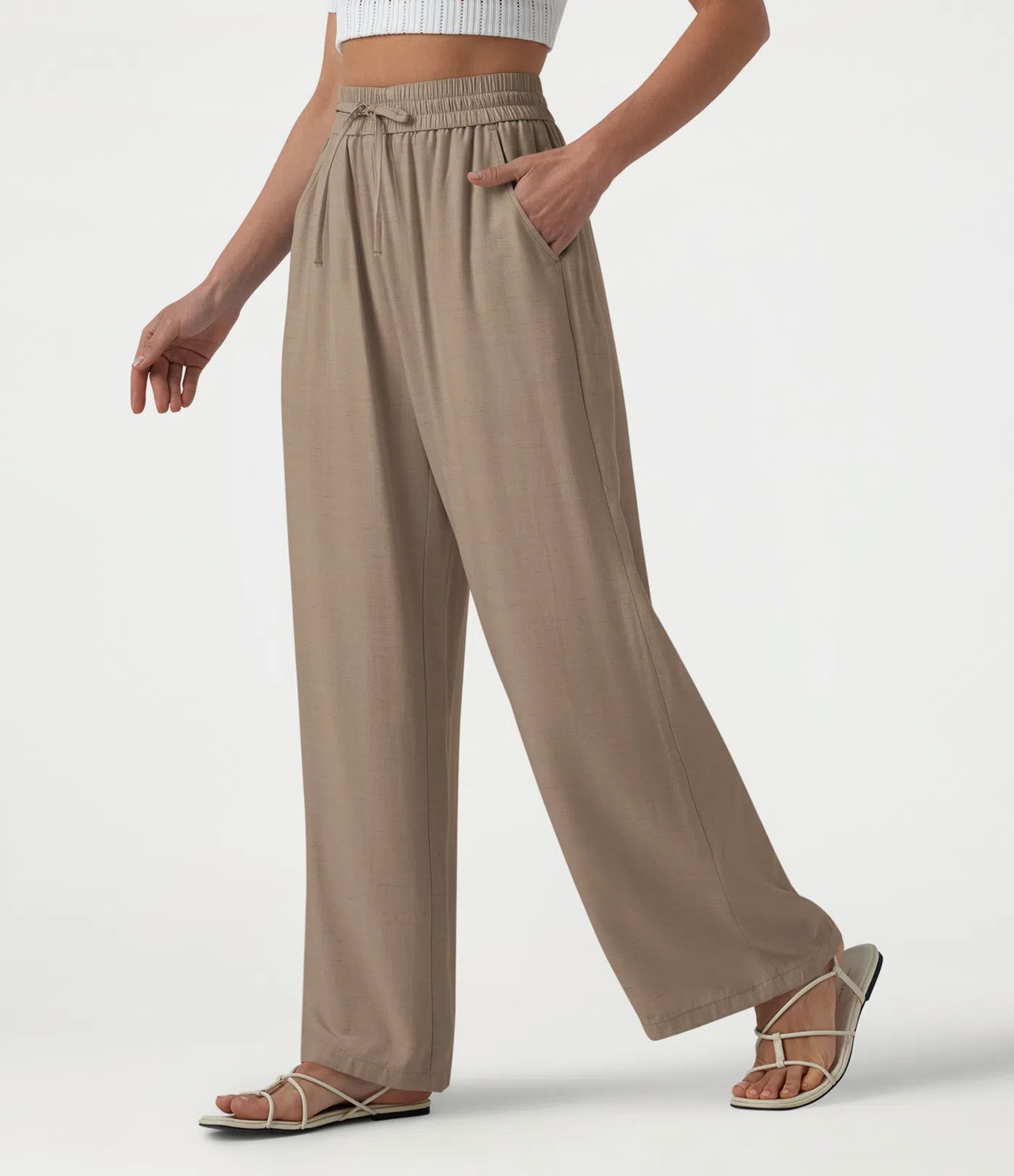 High Waisted Drawstring Wide Leg Casual Linen-Blend Pants with Pockets High Waisted Drawstring Wide Leg Casual Linen-Blend Pants with Pockets