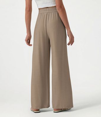 High Waisted Drawstring Wide Leg Casual Linen-Blend Pants with Pockets High Waisted Drawstring Wide Leg Casual Linen-Blend Pants with Pockets
