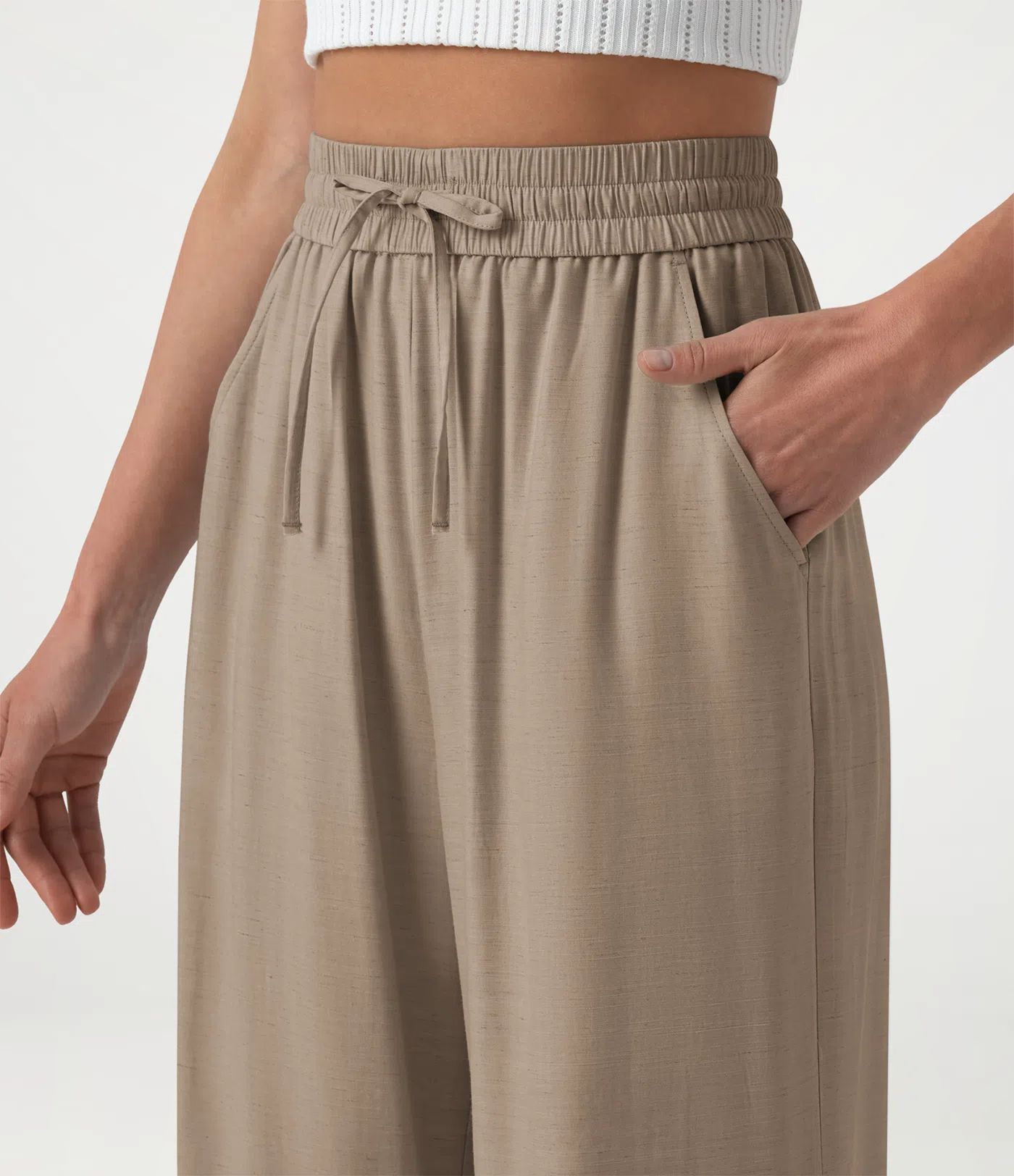 High Waisted Drawstring Wide Leg Casual Linen-Blend Pants with Pockets High Waisted Drawstring Wide Leg Casual Linen-Blend Pants with Pockets