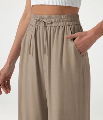 High Waisted Drawstring Wide Leg Casual Linen-Blend Pants with Pockets High Waisted Drawstring Wide Leg Casual Linen-Blend Pants with Pockets