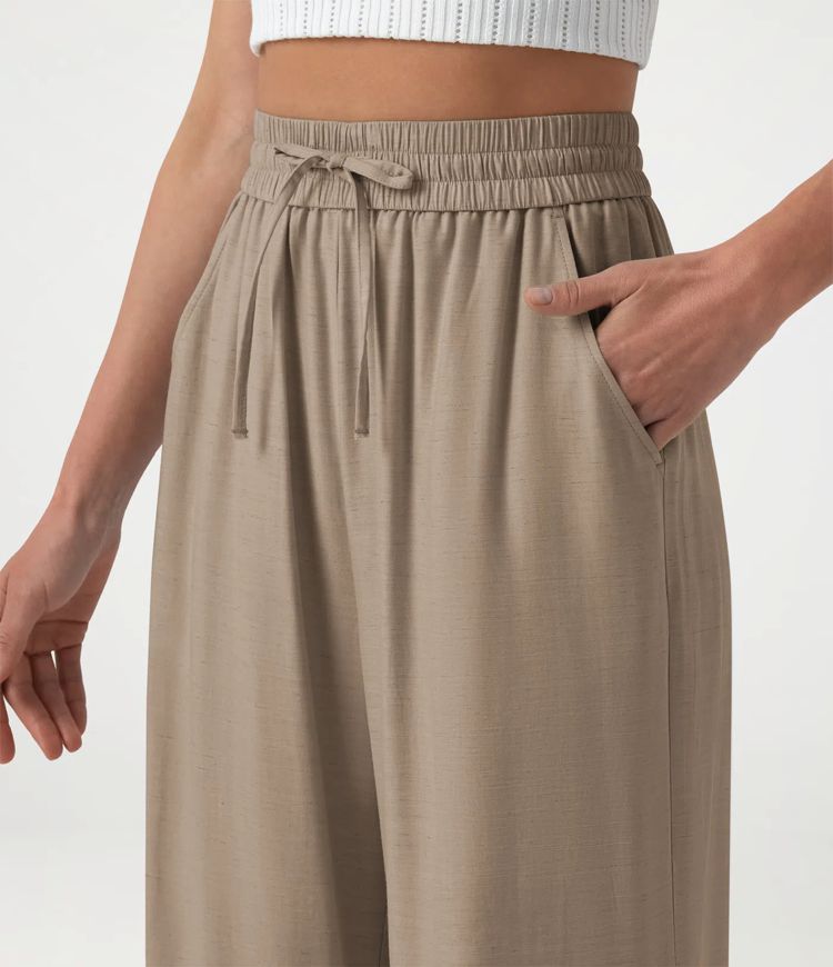 High Waisted Drawstring Wide Leg Casual Linen-Blend Pants with Pockets High Waisted Drawstring Wide Leg Casual Linen-Blend Pants with Pockets
