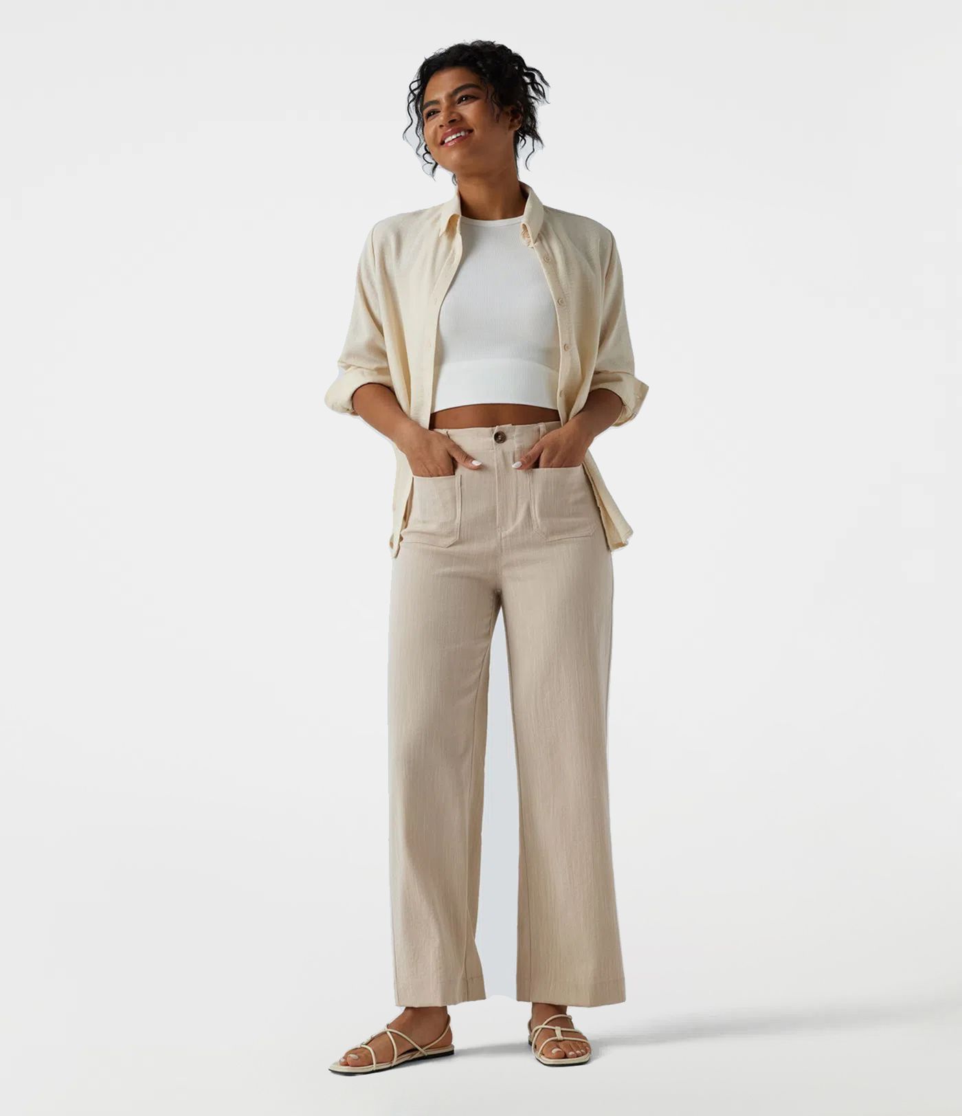 Pantalon décontracté taille haute à jambe droite, effet lin, avec poches Pantalon décontracté taille haute à jambe droite, effet lin, avec poches