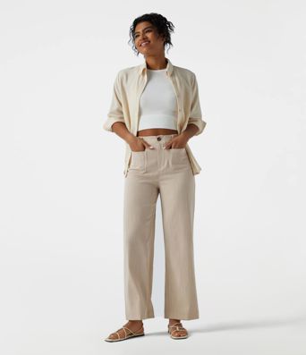 Pantalon décontracté taille haute à jambe droite, effet lin, avec poches Pantalon décontracté taille haute à jambe droite, effet lin, avec poches