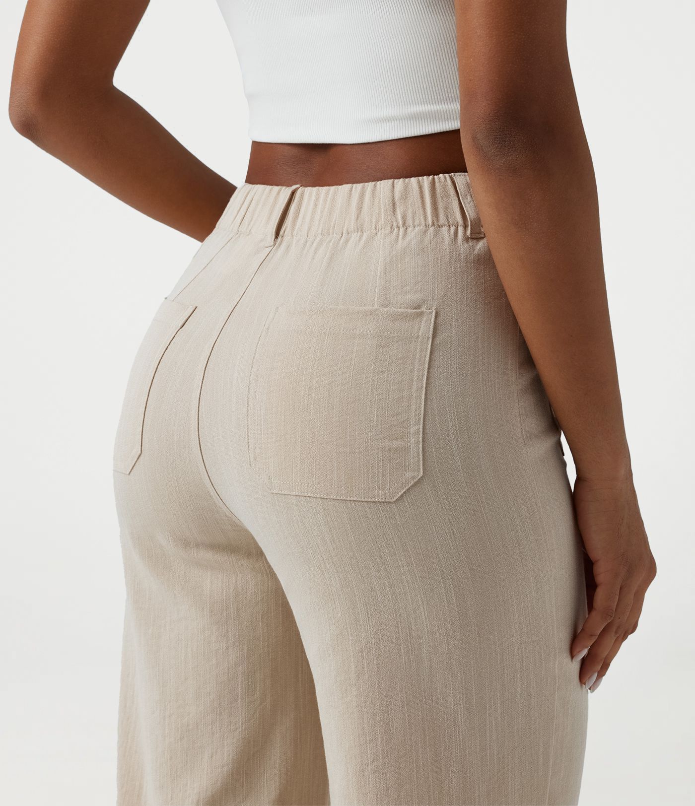 Pantalon décontracté taille haute à jambe droite, effet lin, avec poches Pantalon décontracté taille haute à jambe droite, effet lin, avec poches