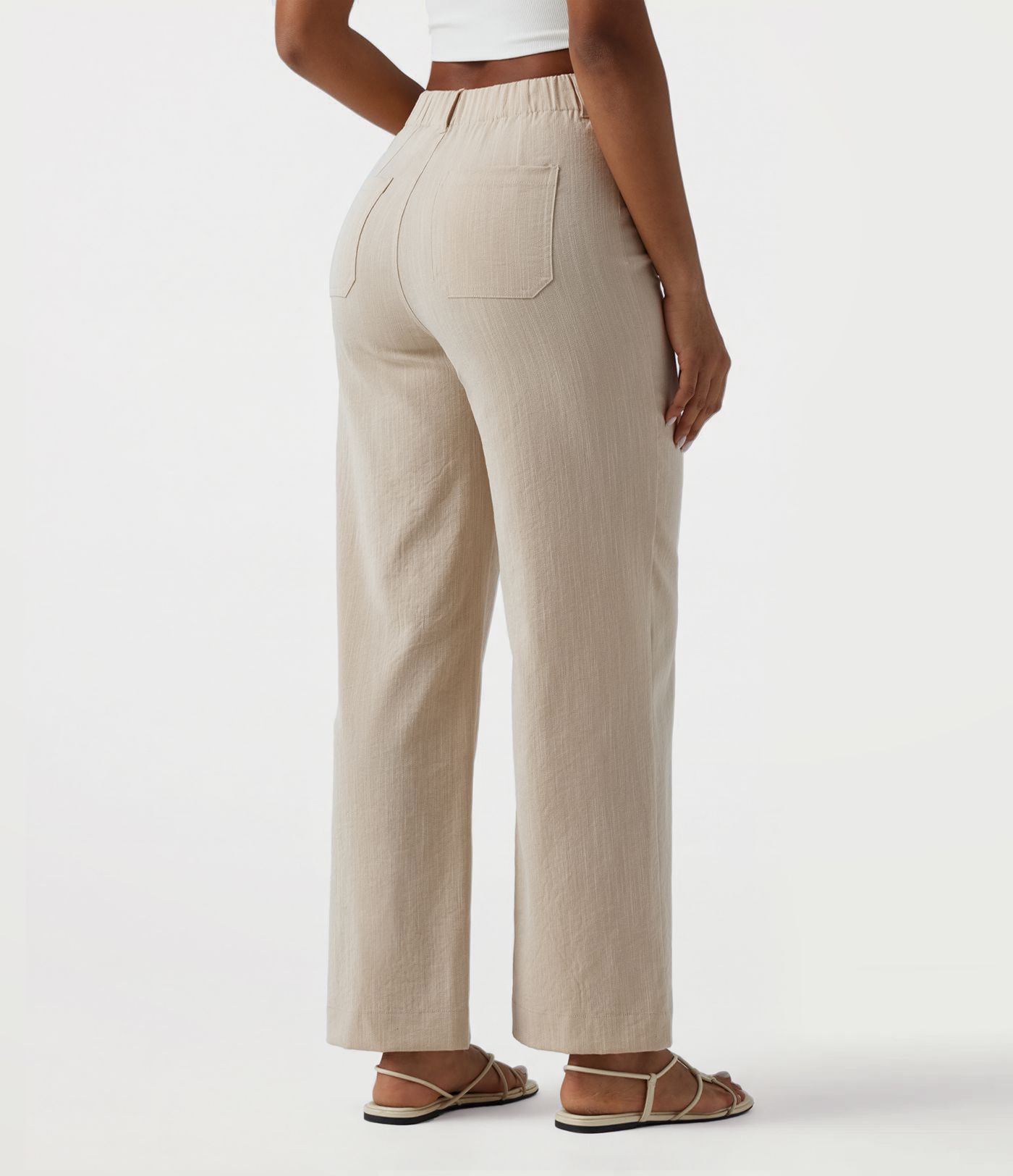 Pantalon décontracté taille haute à jambe droite, effet lin, avec poches Pantalon décontracté taille haute à jambe droite, effet lin, avec poches