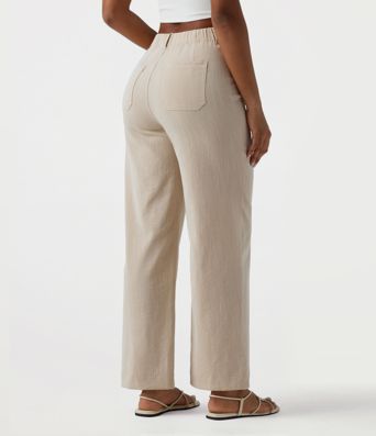 Pantalon décontracté taille haute à jambe droite, effet lin, avec poches Pantalon décontracté taille haute à jambe droite, effet lin, avec poches
