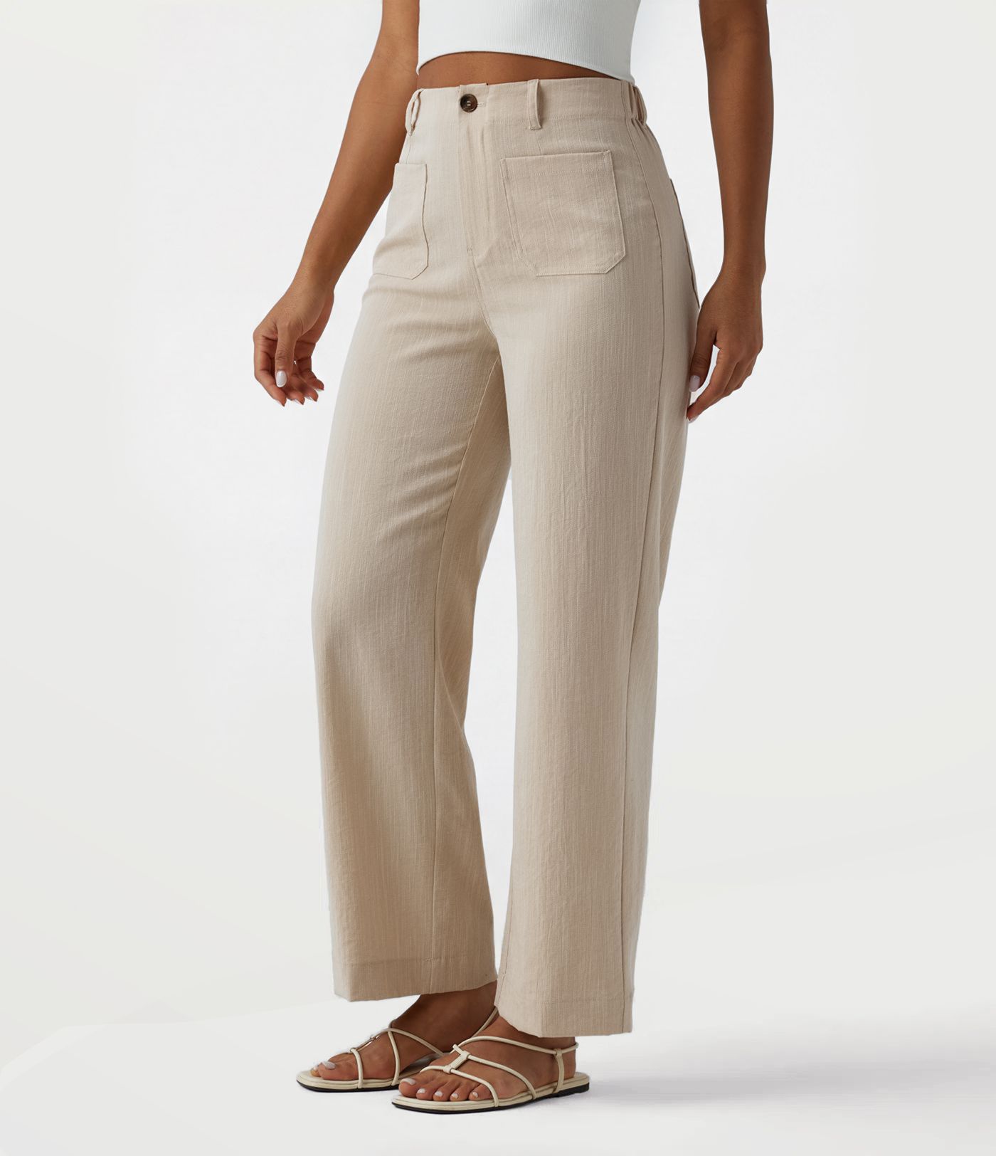 Pantalon décontracté taille haute à jambe droite, effet lin, avec poches Pantalon décontracté taille haute à jambe droite, effet lin, avec poches