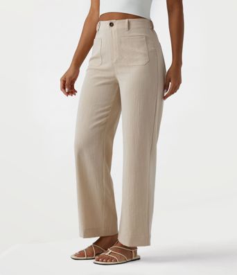 Pantalon décontracté taille haute à jambe droite, effet lin, avec poches Pantalon décontracté taille haute à jambe droite, effet lin, avec poches