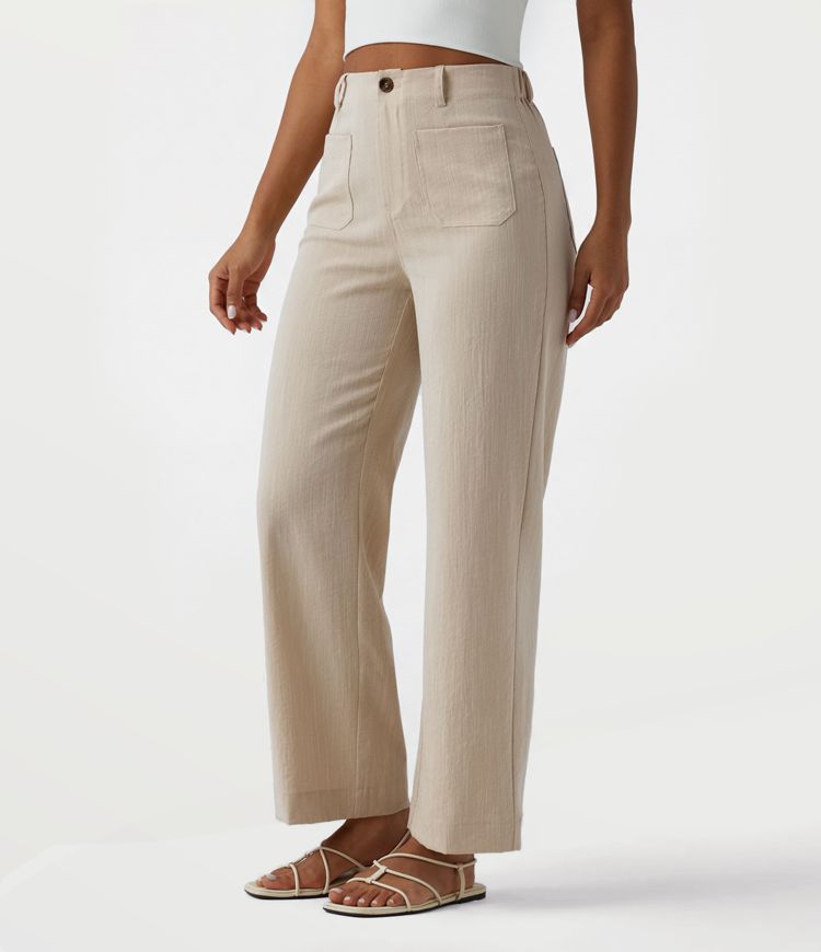 Pantalon décontracté taille haute à jambe droite, effet lin, avec poches Pantalon décontracté taille haute à jambe droite, effet lin, avec poches