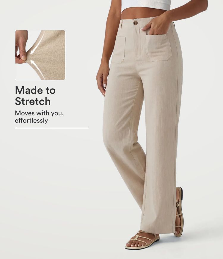 Pantalon décontracté taille haute à jambe droite, effet lin, avec poches Pantalon décontracté taille haute à jambe droite, effet lin, avec poches