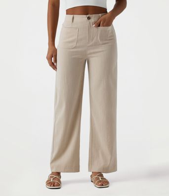Pantalon décontracté taille haute à jambe droite, effet lin, avec poches Pantalon décontracté taille haute à jambe droite, effet lin, avec poches